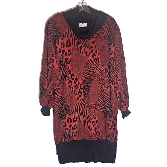 VINTAGE Sugar Sweater Dress Womens 20W Red Black Cowl Neck Animal Made USA 80s - Picture 1 of 14